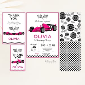 Roze raceauto verjaardagsuitnodiging + bedankkaart + digitale sjablonen voor bedankkaartje | Meisjes racen DIY verjaardag bewerkbare feestprintables