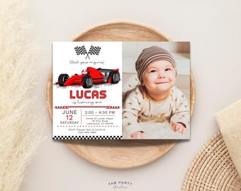 Race Car Birthday Photo Invitation | Red Racing Theme Party Printable | Editable Digital Template