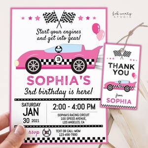 Pink Race Car Birthday Invitation + Favor Tag | Girls Racing Editable Party Template |  Auto Racer Digital Invite & Gift Tag Party Set