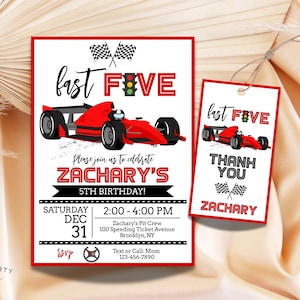 Fast Five Race Race Car Birthday Invitation + Favor Tag | Racing Car 5th Birthday Editable Party Template | Speed Party Invite & Gift Tag