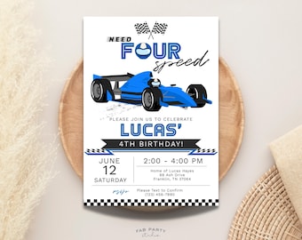 Invito per il 4° compleanno a tema auto da corsa blu / Festa a tema corse automobilistiche con quattro velocità - Modello stampabile e modificabile in formato digitale