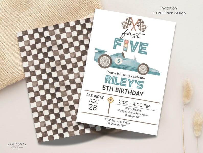 May include: A birthday party invitation with a race car theme. The invitation features a light blue race car illustration, checkered flags, and the text "fast FIVE". The invitation includes party details and a checkered pattern on the back.