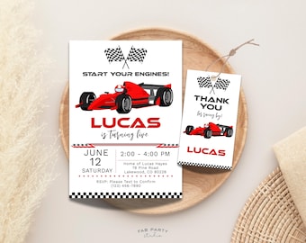 Red Race Car Birthday Invitation & Favor Tag | Racing Theme Party Printable | Editable Digital Template