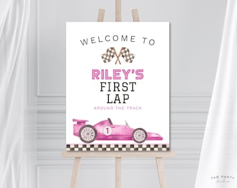 Cartello di benvenuto per la festa "Primo giro in pista" / Compleanno a tema auto da corsa rosa, stampabile / Modello digitale modificabile