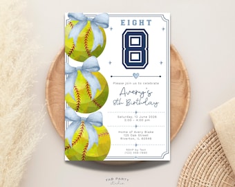 Invitation d'anniversaire de softball | Fête sportive avec noeud bleu à imprimer | Modèle numérique modifiable