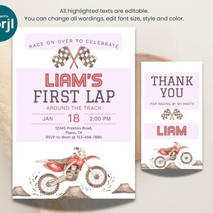 First Lap Around The Track 1st Birthday Invitation + Favor Tag | Dirt Bike Theme Party Printable | Editable Digital Template image 7