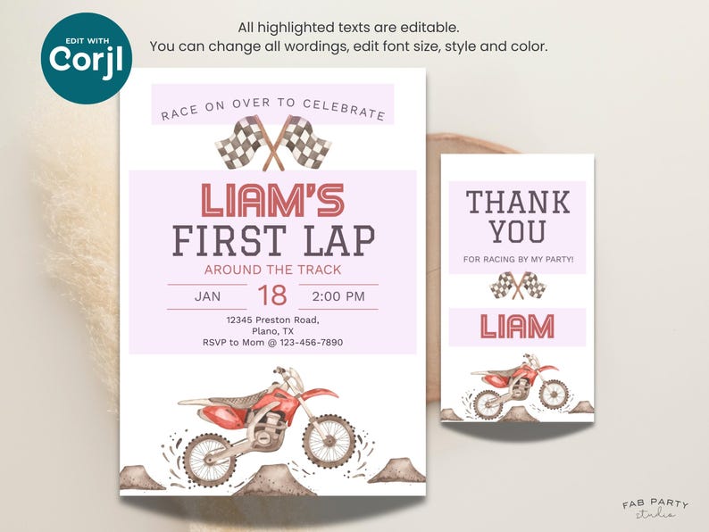 First Lap Around The Track 1st Birthday Invitation + Favor Tag | Dirt Bike Theme Party Printable | Editable Digital Template image 7