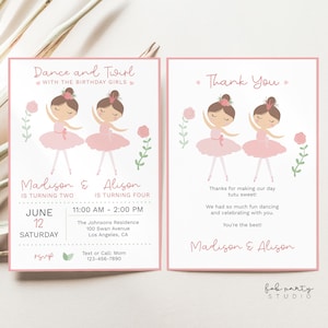 Faire-part de fête d'anniversaire commune fille ballerine + carte de remerciement | Invitation modifiable de double partie de danse de ballet | Fête entre frères et sœurs tutu rose