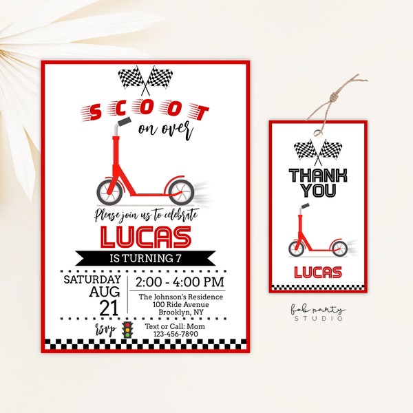 Red Scooter Birthday Party Invitation + Favor Tag Digital Template,  Kid Racing Scooter Skater Bike Editable Birthday Invite & Gift Tag