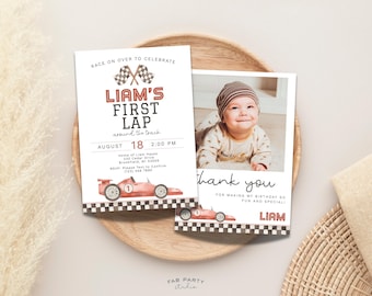 Invito e biglietto di ringraziamento per il primo compleanno a tema auto da corsa / Festa a tema "Primo giro in pista" - Modello digitale stampabile e modificabile