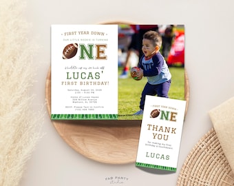 Invito fotografico e bigliettino per bomboniere per il primo compleanno a tema calcio / Festa sportiva "Un anno in meno" - Stampabile / Modello digitale modificabile