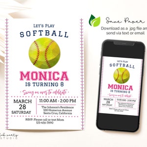 Minimalist Softball Birthday Invitation + Favor Tag | Editable Girl