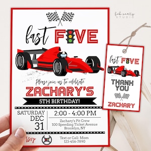 Fast Five Rennen Rennauto Geburtstagseinladung + Geschenkanhänger | Rennwagen 5. Geburtstag bearbeitbare Party Vorlage | Speed Party Einladung & Geschenkanhänger