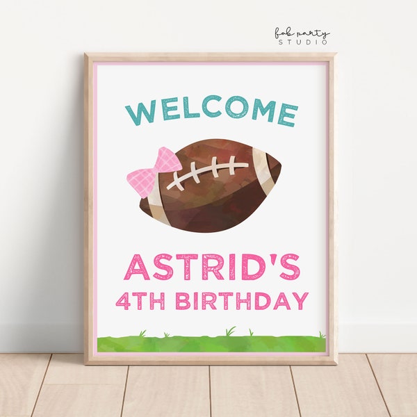 Football Pink Girls Birthday Party Welcome Sign Template 16x20 or 8x10,  Sports Game Football DIY Editable Printable Birthday Table Sign