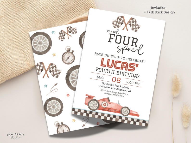Need Four Speed 4th Birthday Invitation & Favor Tag | Red Racing Theme Party Printable | Editable Digital Template image 5
