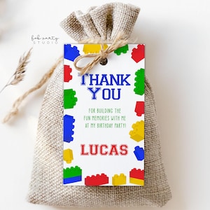 Blocos de construção, modelo digital de etiqueta para lembrancinhas de festa de aniversário | Cartão de saco de itens editável da Brick Toys | Etiqueta de agradecimento para impressão DIY da Toy Blocks