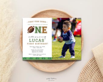 Invito fotografico per il primo compleanno a tema calcio / Festa sportiva di un anno - Modello stampabile e modificabile in formato digitale