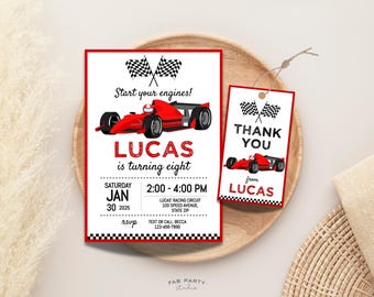 Invitation d'anniversaire de voiture de course rouge et étiquette de cadeau | Fête à thème course à imprimer | Modèle numérique modifiable
