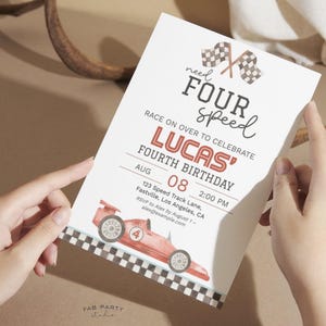 Need Four Speed 4th Birthday Invitation & Favor Tag | Red Racing Theme Party Printable | Editable Digital Template image 2