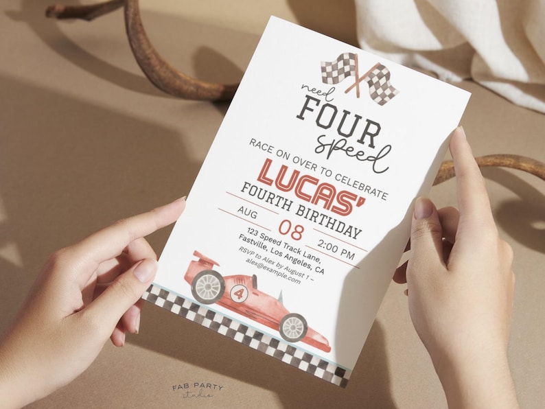 Need Four Speed 4th Birthday Invitation & Favor Tag | Red Racing Theme Party Printable | Editable Digital Template image 2