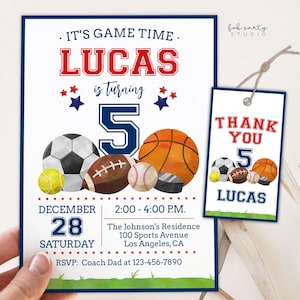All Star Sports Birthday Party Invitation + Favor Tag Digital Template | Sport Game Number Any Age DIY Birthday Party Invite & Loot Gift Tag