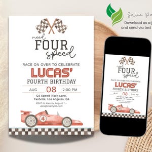 Need Four Speed 4th Birthday Invitation & Favor Tag | Red Racing Theme Party Printable | Editable Digital Template image 8