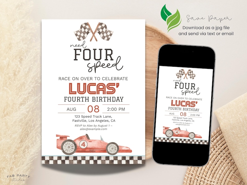Need Four Speed 4th Birthday Invitation & Favor Tag | Red Racing Theme Party Printable | Editable Digital Template image 8