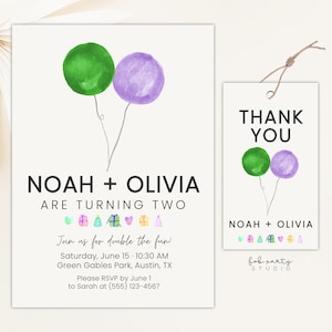 Zwillings-Ballon-Geburtstags-Party Einladung + Favor Tag Template | Geschwister Bruder Schwester Gelenk grün lila editierbar einladen + Geschenkanhänger Karte