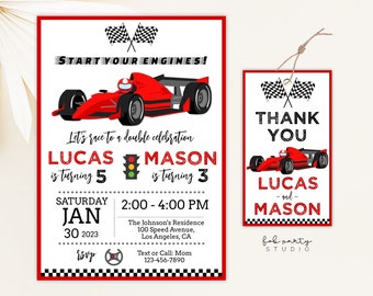 Red Race Car Joint Birthday Party Invitation + Favor Tag Digital Template, Kids Siblings Speed Racing Editable Birthday Party Printable