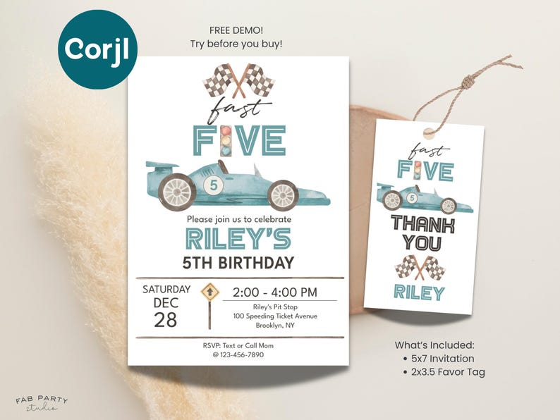 May include: A birthday party invitation and favour tag set. The invitation features a teal race car graphic with the text "fast FIVE" and event details. The favour tag repeats the race car and text "Thank You".
