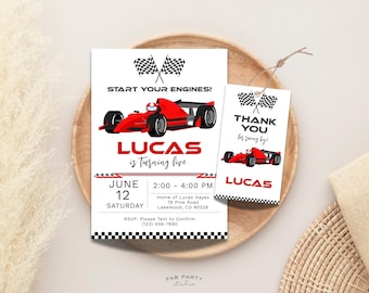 May include: A white rectangular invitation and a matching gift tag featuring a red race car, checkered flags, and the text START YOUR ENGINES! LUCAS is turning five, JUNE 12, 2:00 - 4:00 PM, and THANK YOU for racing by!