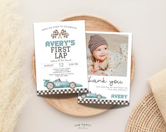 Invito e biglietto di ringraziamento per il primo compleanno a tema auto da corsa / Festa a tema "Primo giro in pista" - Modello digitale stampabile e modificabile