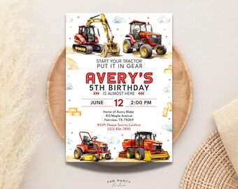 d'anniversaire de tracteur rouge | Fête des véhicules avec camion de ferme à imprimer | Modèle numérique modifiable