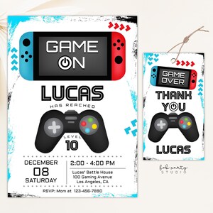 Gamer Birthday Party Invitation + Favor Tag | Editable Video Game Boys Party Invite | Kids Online Gaming Birthday Digital Template