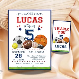All Star Sports Birthday Party Invitation + Favor Tag Digital Template | Sport Game Number Any Age DIY Birthday Party Invite & Loot Gift Tag