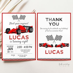Minimalistische Geburtstags-Party Einladung + Danke-Karte Digitale Vorlage | Auto Speed Racing Jungen Kinder bearbeitbar DIY Geburtstag einladen