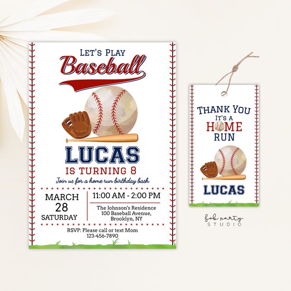 Baseball Birthday Party Invitation + Favor Tag Digital Template, Sports Ball Game Editable Birthday Invite & Loot Gift Tag, Boy Party Invite