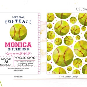 Minimalist Softball Birthday Invitation + Favor Tag | Editable Girl