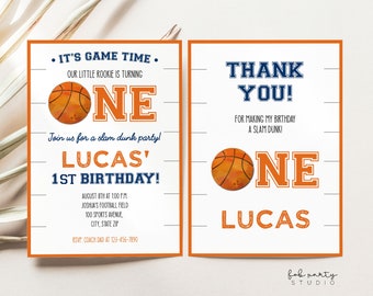 Basketball First Birthday Party Invitation + Thank You Card Digital Template, Basketball Game Hoops Dunk One Year Old Birthday Invitation