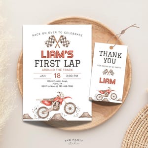 First Lap Around The Track 1st Birthday Invitation + Favor Tag | Dirt Bike Theme Party Printable | Editable Digital Template image 1