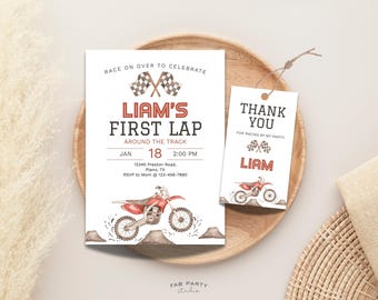 Faire-part 1er anniversaire pour votre premier tour de piste + plaquette cadeau | Fête à thème Dirt Bike à imprimer | Modèle numérique modifiable