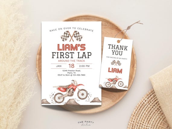 First Lap Around The Track 1st Birthday Invitation + Favor Tag | Dirt Bike Theme Party Printable | Editable Digital Template