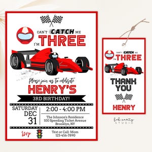 Red Race Car Can&#39;t Catch Me I&#39;m Three Birthday Party Invitation + Favor Tag Digital Template | Kid Boy Racing Third Birthday Editable Invite