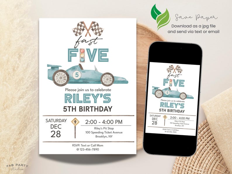 May include: A birthday invitation with a race car theme. The invitation features a light blue race car illustration, the words "fast FIVE", and party details. A smartphone displays the same invitation. The invitation is in a digital format.
