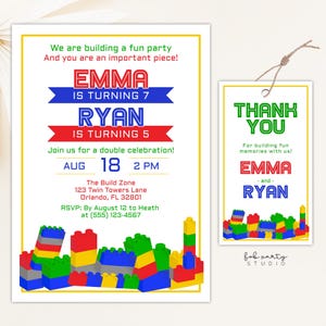 Building Blocks Joint Birthday Invitation + Favor Tag | Editable Toy Brick Sibling Party Invite & Gift Tag | Digital Birthday Template