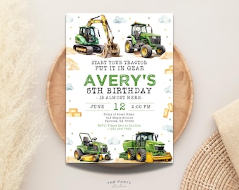 faire-part d'anniversaire de tracteur vert | Fête à thème Camion de ferme à imprimer | Modèle numérique modifiable