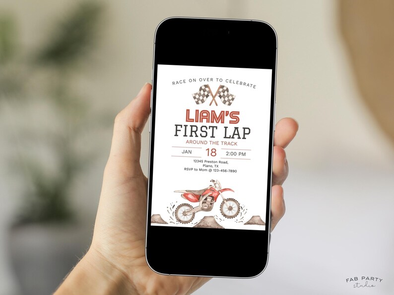 First Lap Around The Track 1st Birthday Invitation + Favor Tag | Dirt Bike Theme Party Printable | Editable Digital Template image 9