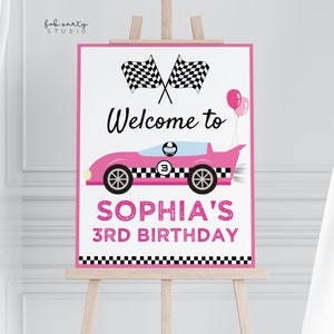 Pink Race Car Birthday Party Welcome Sign Template 16x20 or 8x10 | Minimalist Speed Racing Editable Party Banner | Girls Auto Racing Poster