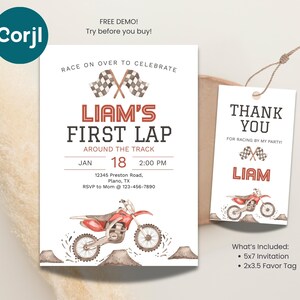 First Lap Around The Track 1st Birthday Invitation + Favor Tag | Dirt Bike Theme Party Printable | Editable Digital Template image 4