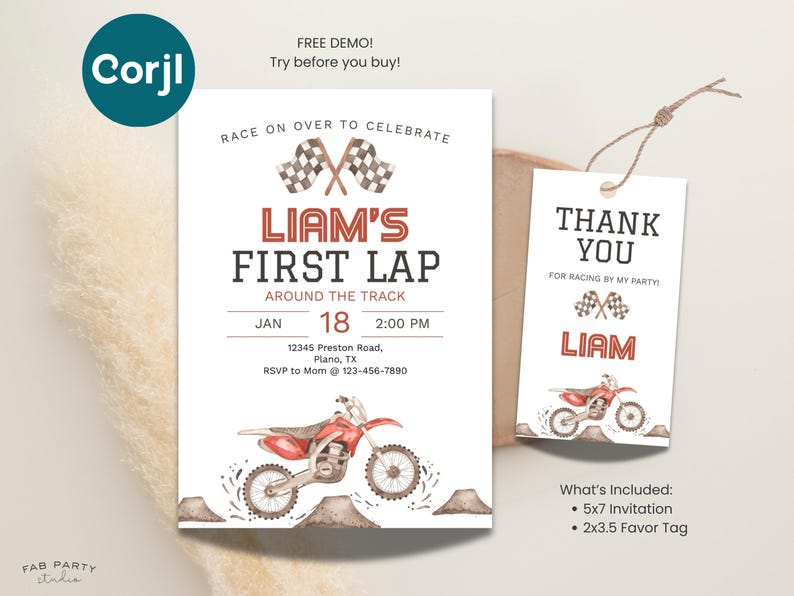 First Lap Around The Track 1st Birthday Invitation + Favor Tag | Dirt Bike Theme Party Printable | Editable Digital Template image 4